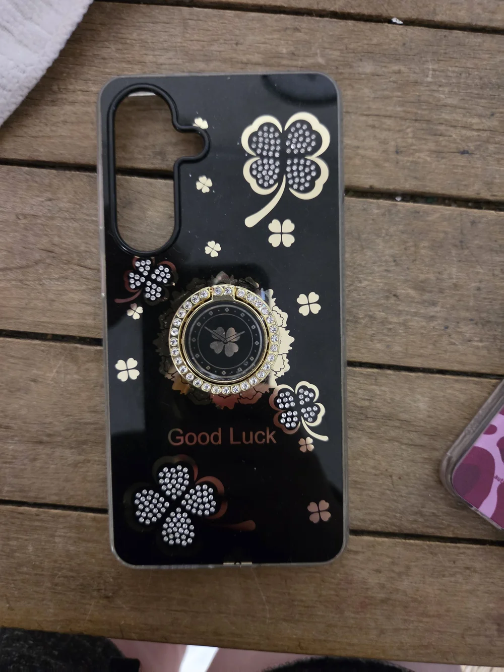 S26 PLUS Black 'Good Luck' Clover Phone Case with Gold Ring Grip